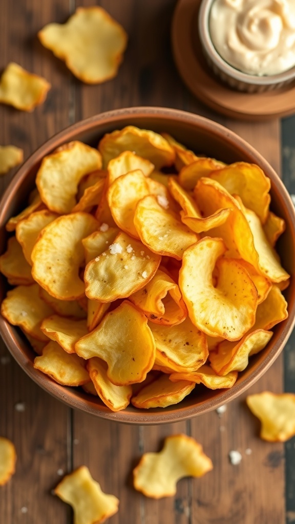 A bowl of crispy homemade potato chips with a sprinkle of salt, served with a dip on a wooden table.
